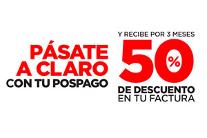 Pásate con tu número Pospago y recibe 50% de descuento en tres meses de tu factura. El descuento será aplicado en la factura de los meses 4, 6 y 8 de tu Plan Pospago 360°